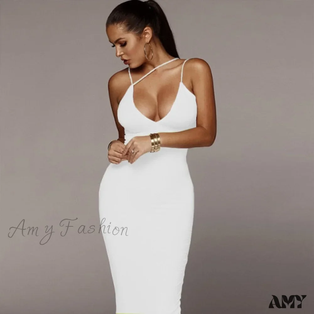 Amy Fashion - Sling V-neck Slim Fit Bodycon Long Dress - Image 3