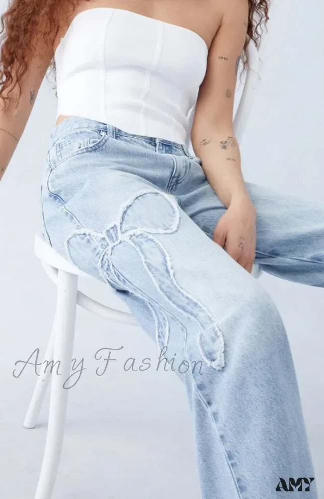 New Fashion Bow Embroidered Baggy Y2K Harajuku Vintage Popular Gothic High Waist Wide Leg Jean - Image 2