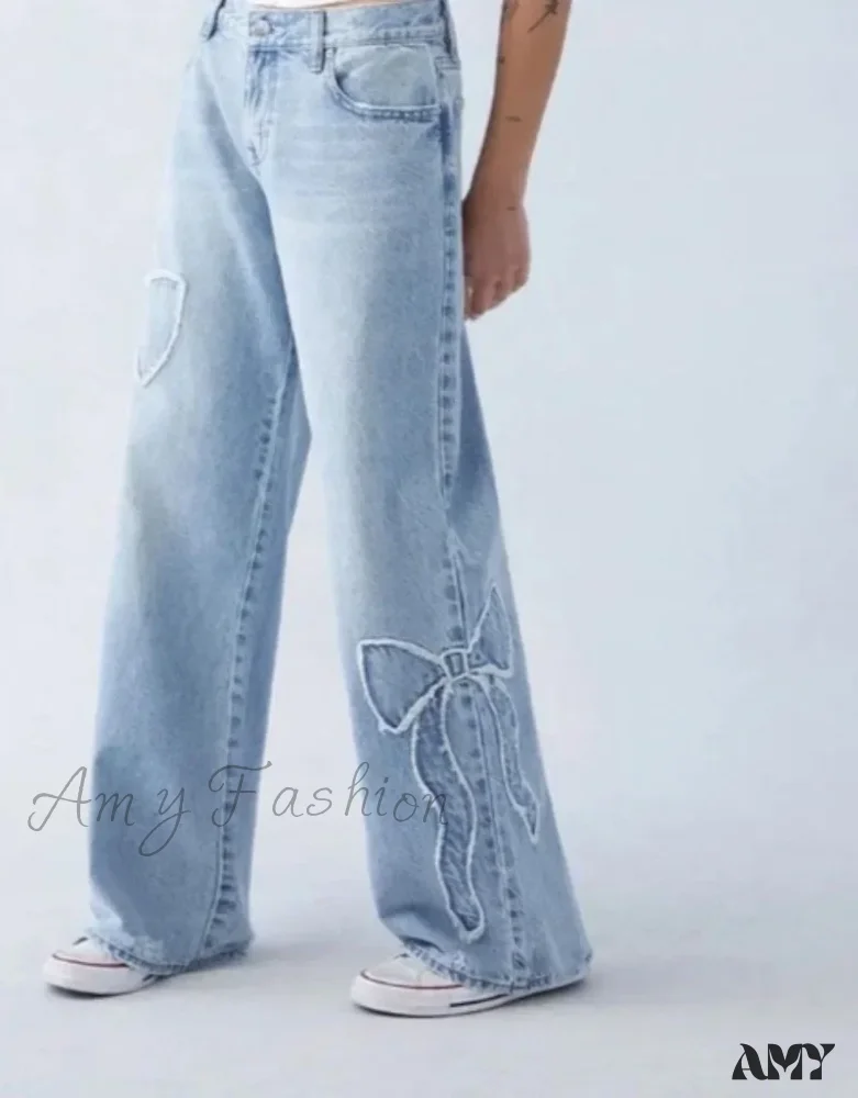 New Fashion Bow Embroidered Baggy Y2K Harajuku Vintage Popular Gothic High Waist Wide Leg Jean - Image 3