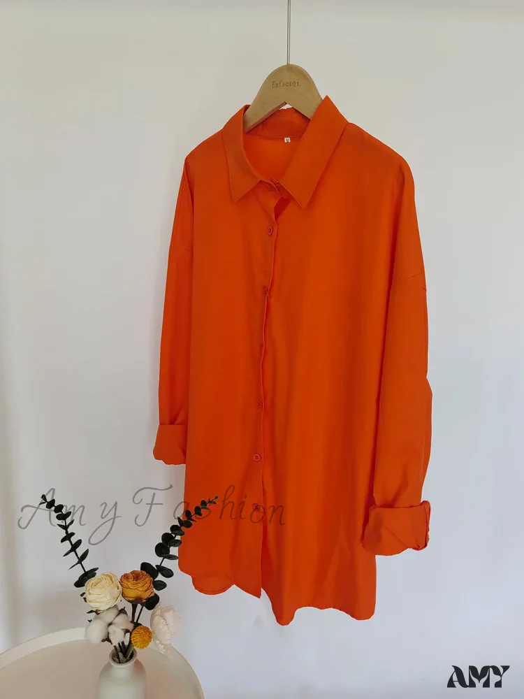 New Orange Oversize Cotton Candy Color Basic Button Down Blouse - Image 11