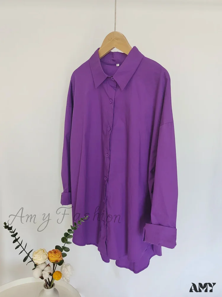 New Orange Oversize Cotton Candy Color Basic Button Down Blouse - Image 12