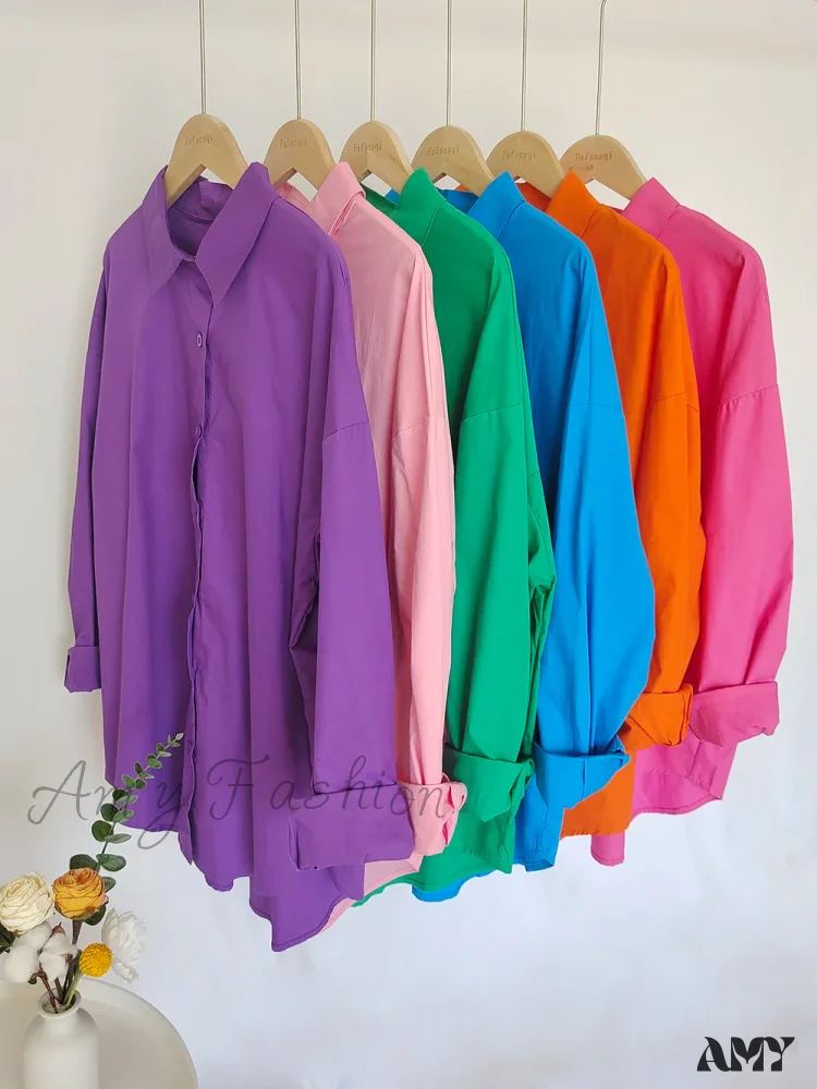 New Orange Oversize Cotton Candy Color Basic Button Down Blouse - Image 5