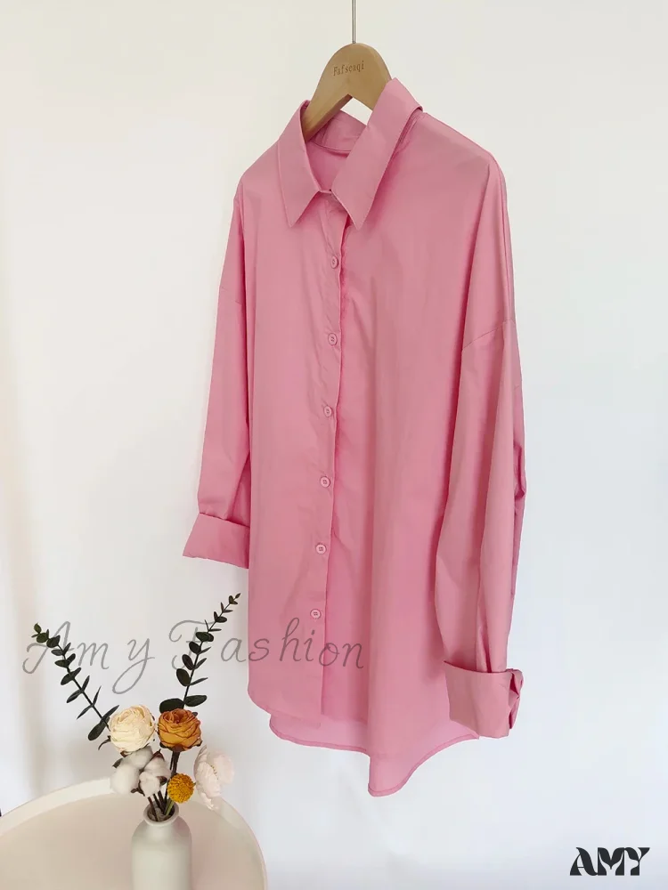 New Orange Oversize Cotton Candy Color Basic Button Down Blouse - Image 6