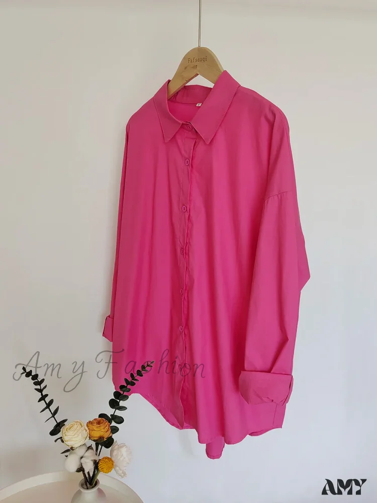 New Orange Oversize Cotton Candy Color Basic Button Down Blouse - Image 9