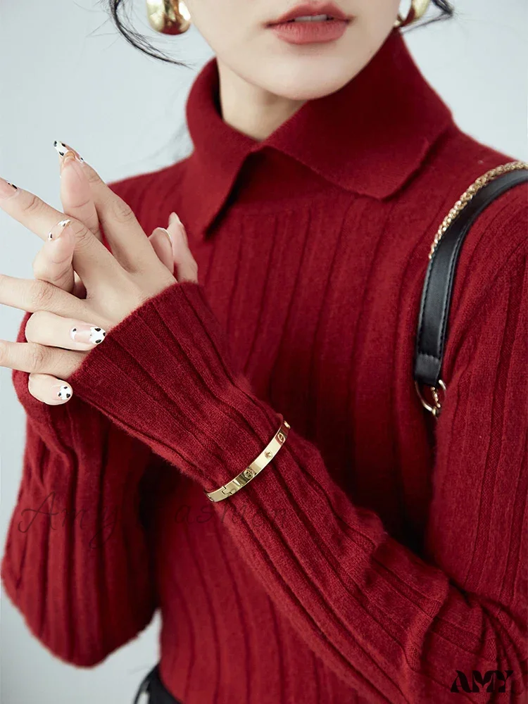 New Polo Collar Women's Knitted Long Sleeve Slim Fit Pullovers Autumn Winter Sweater - Image 3
