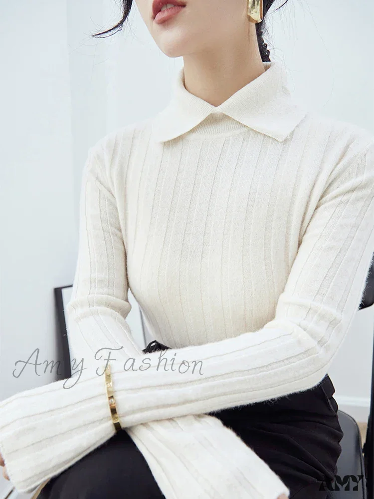 New Polo Collar Women's Knitted Long Sleeve Slim Fit Pullovers Autumn Winter Sweater - Image 4