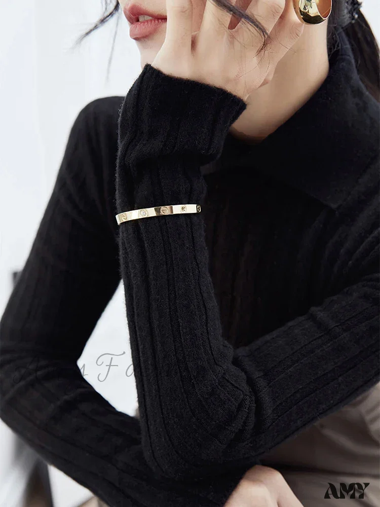 New Polo Collar Women's Knitted Long Sleeve Slim Fit Pullovers Autumn Winter Sweater - Image 5