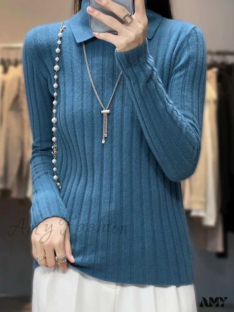 New Polo Collar Women's Knitted Long Sleeve Slim Fit Pullovers Autumn Winter Sweater - Image 6