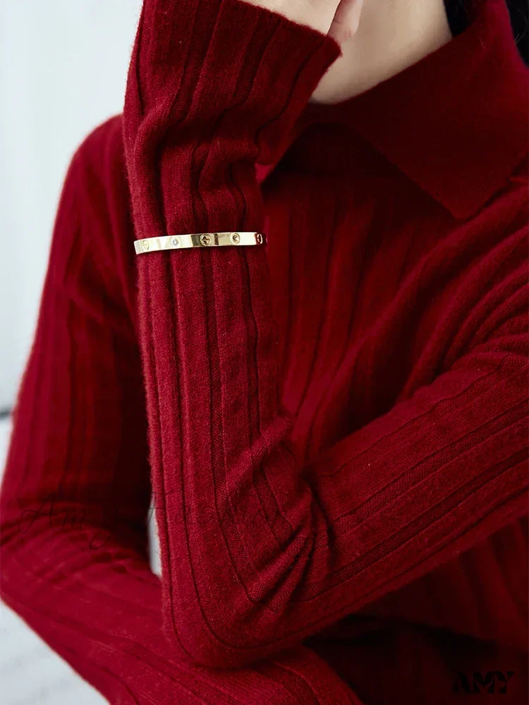 New Polo Collar Women's Knitted Long Sleeve Slim Fit Pullovers Autumn Winter Sweater - Image 9