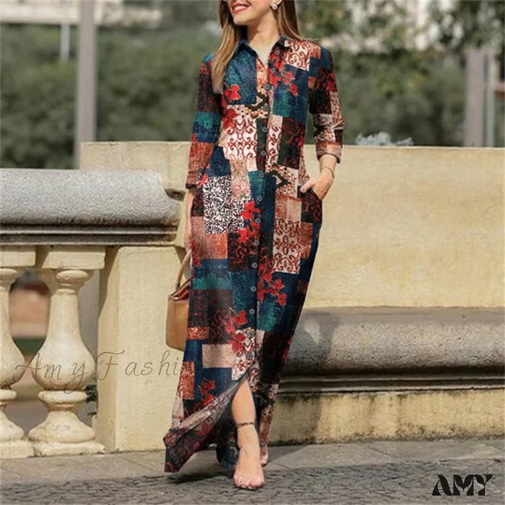 Amy Fashion - New Shirt Collar Button Long Denim Skirt Dress - Image 10