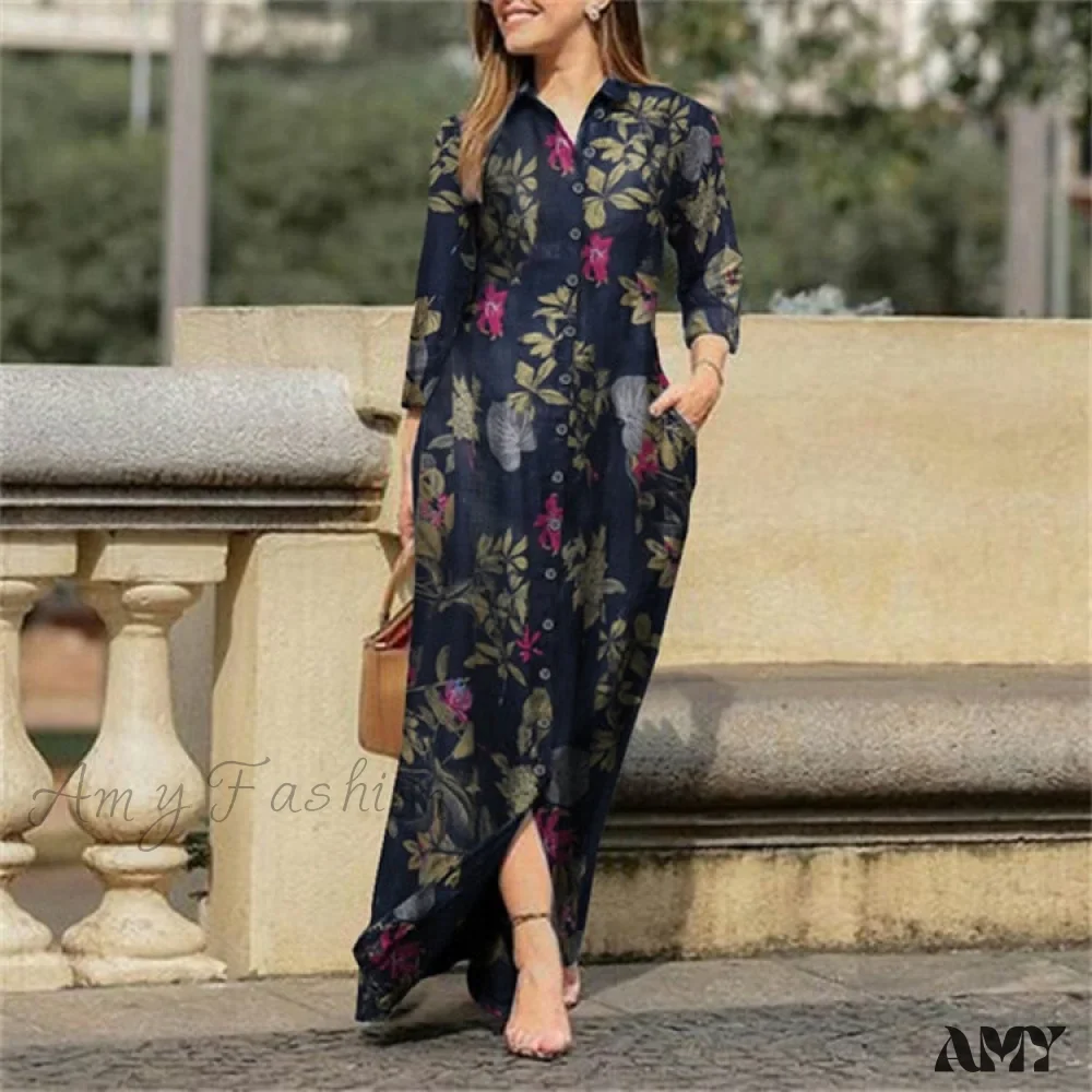 Amy Fashion - New Shirt Collar Button Long Denim Skirt Dress - Image 12