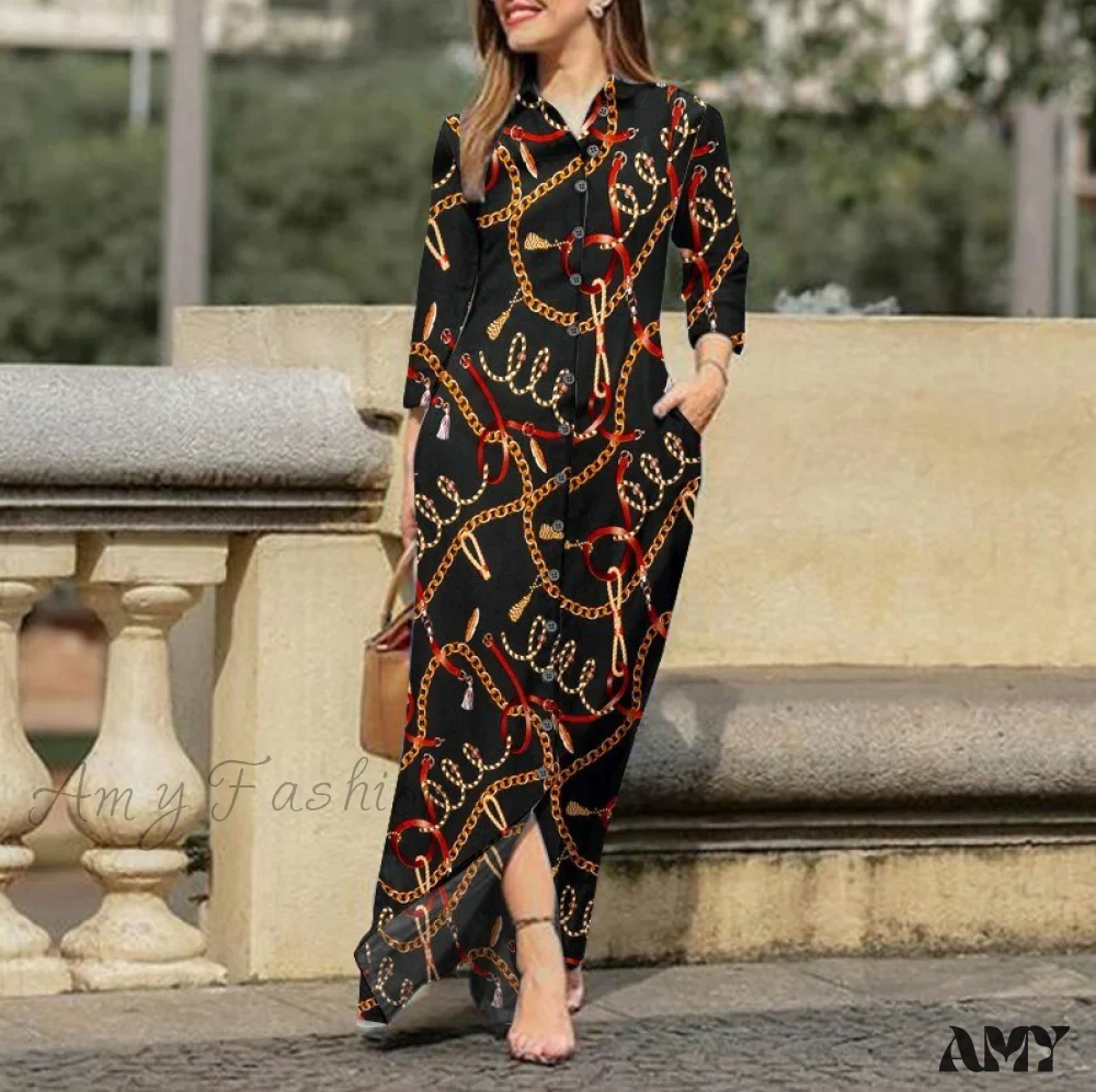 Amy Fashion - New Shirt Collar Button Long Denim Skirt Dress - Image 15