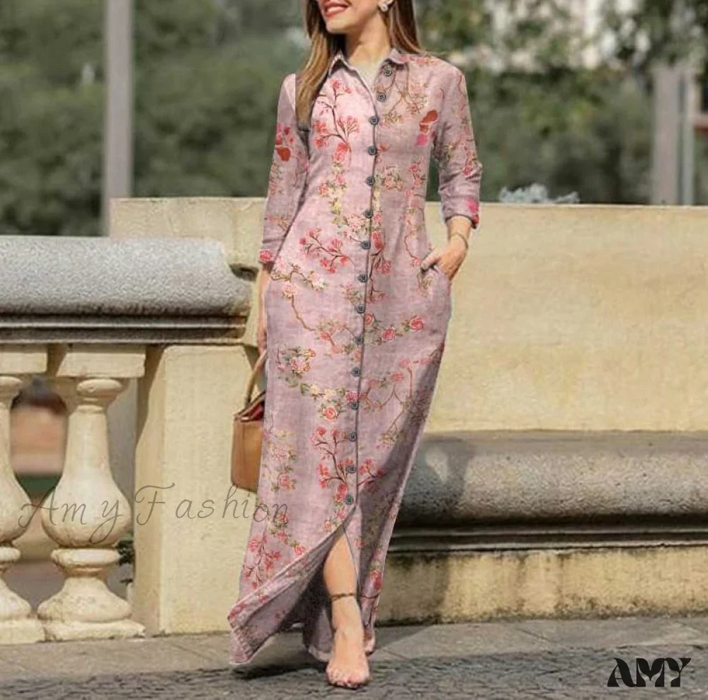 Amy Fashion - New Shirt Collar Button Long Denim Skirt Dress - Image 16