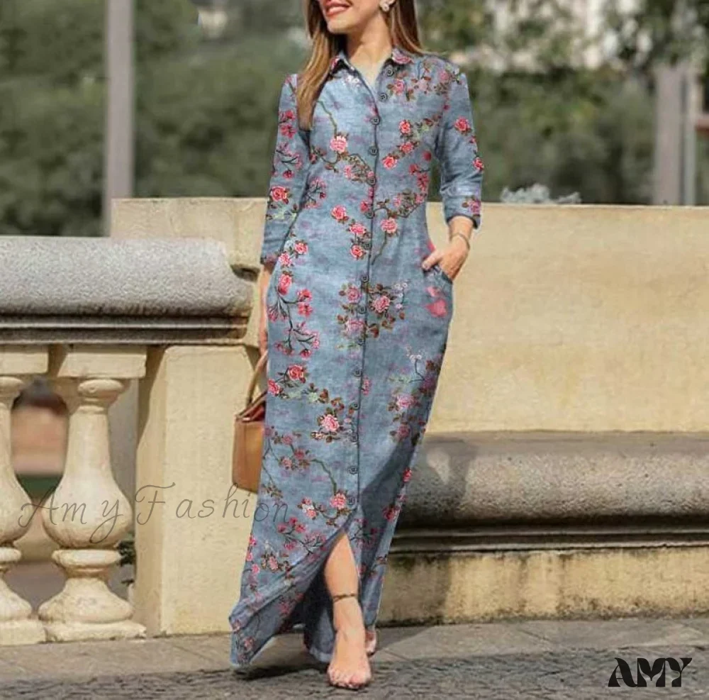 Amy Fashion - New Shirt Collar Button Long Denim Skirt Dress - Image 17