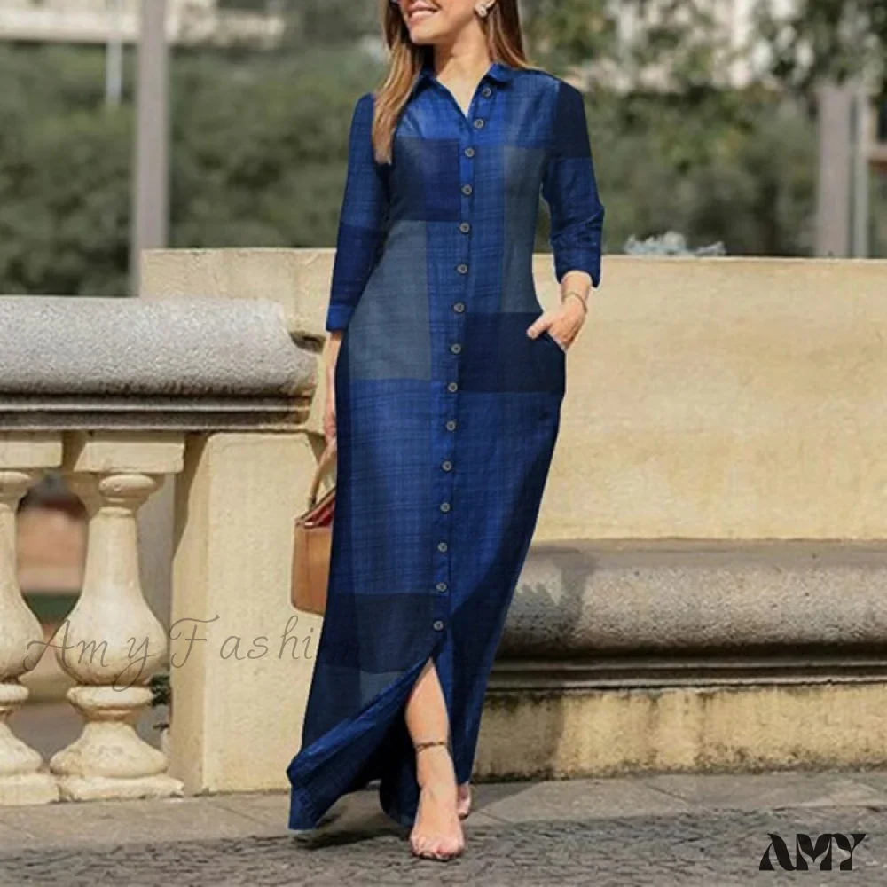 Amy Fashion - New Shirt Collar Button Long Denim Skirt Dress - Image 19