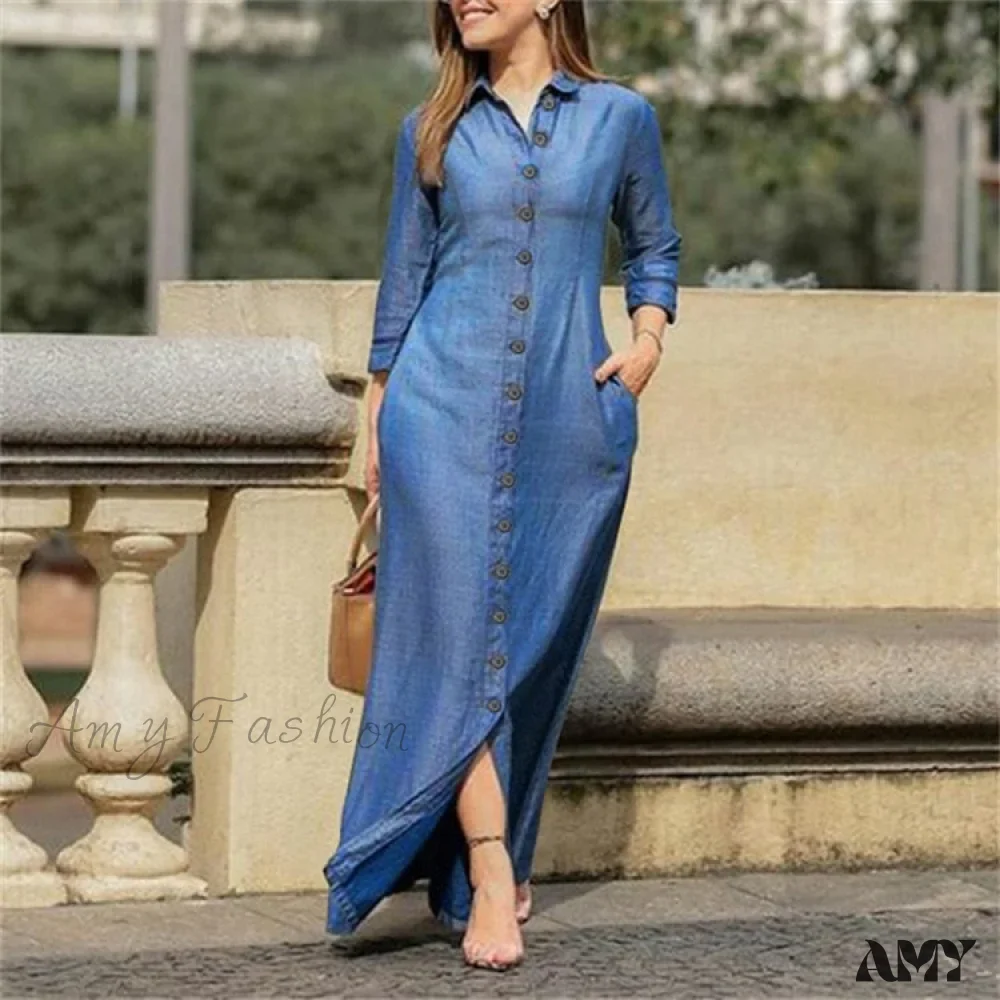 Amy Fashion - New Shirt Collar Button Long Denim Skirt Dress - Image 2