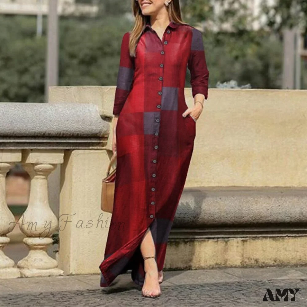 Amy Fashion - New Shirt Collar Button Long Denim Skirt Dress - Image 21