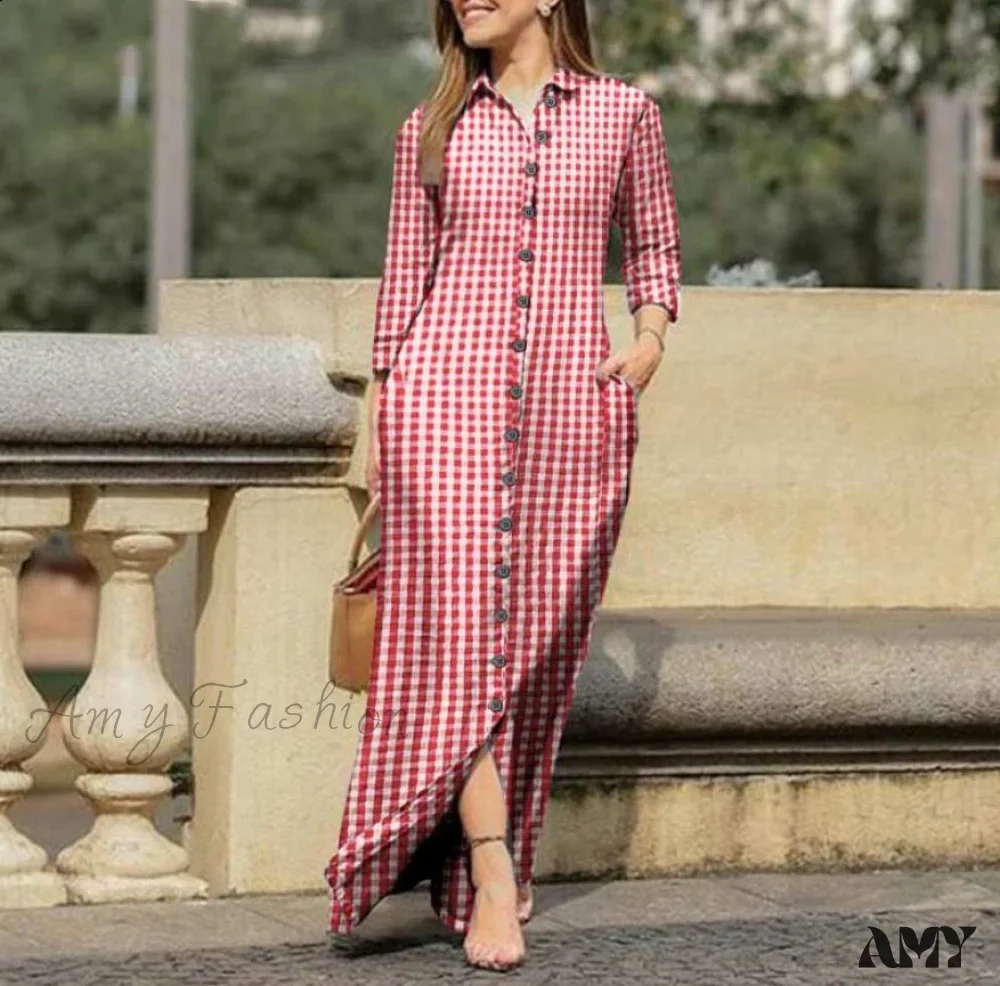 Amy Fashion - New Shirt Collar Button Long Denim Skirt Dress - Image 22
