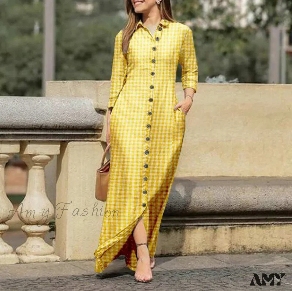 Amy Fashion - New Shirt Collar Button Long Denim Skirt Dress - Image 23