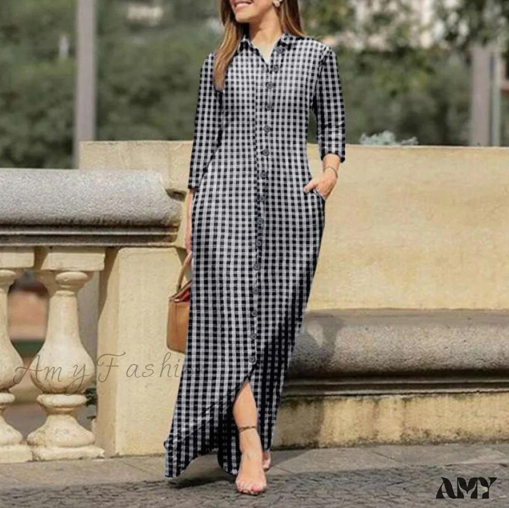 Amy Fashion - New Shirt Collar Button Long Denim Skirt Dress - Image 24