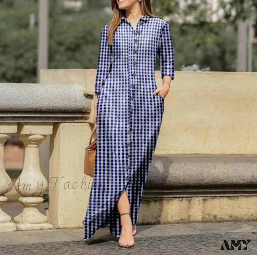 Amy Fashion - New Shirt Collar Button Long Denim Skirt Dress - Image 25