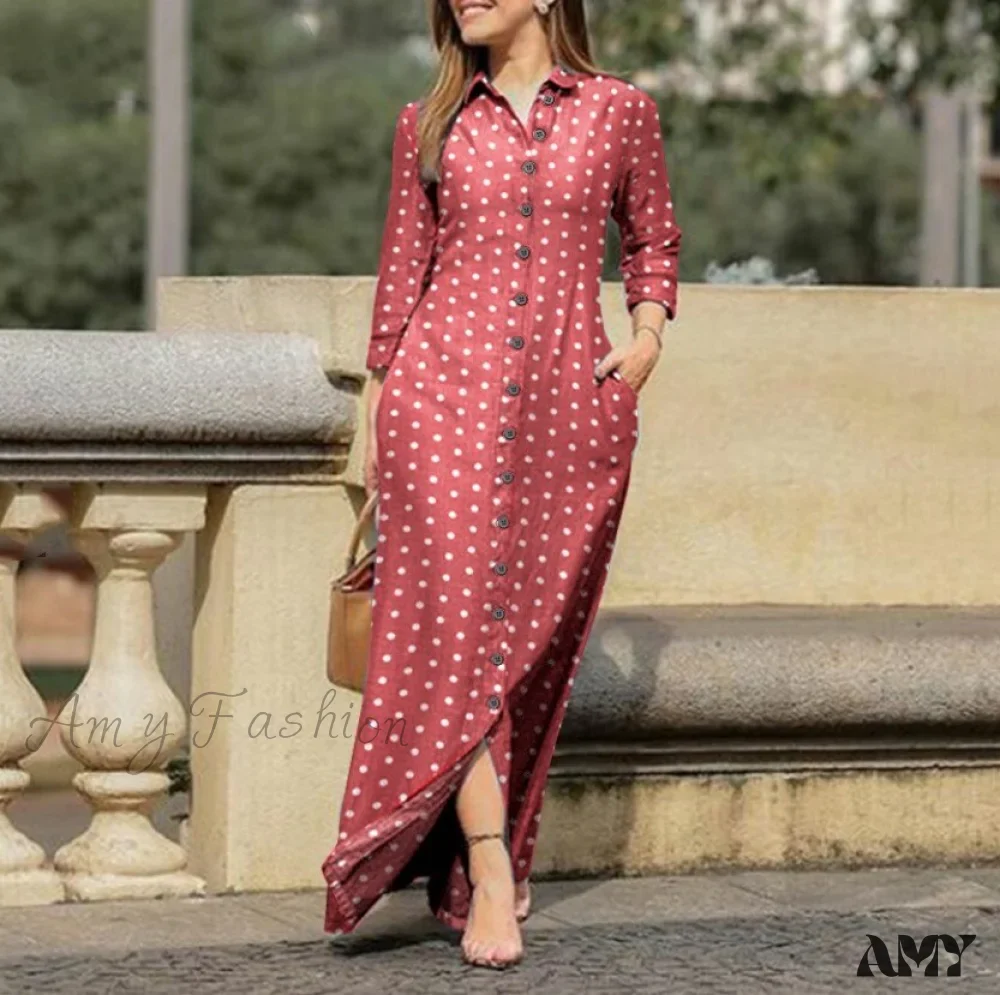 Amy Fashion - New Shirt Collar Button Long Denim Skirt Dress - Image 26