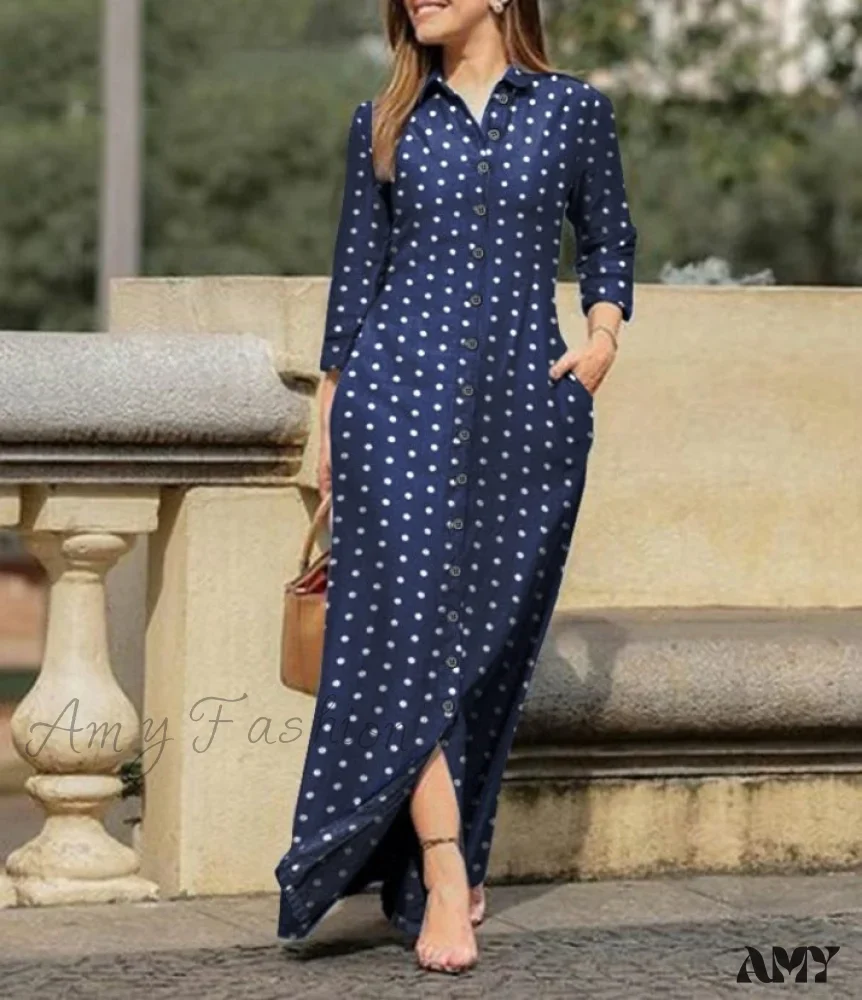 Amy Fashion - New Shirt Collar Button Long Denim Skirt Dress - Image 29