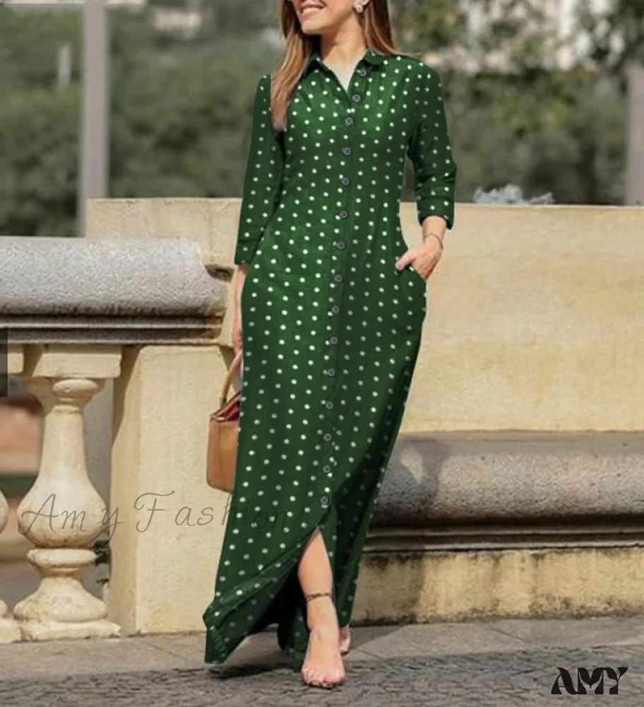 Amy Fashion - New Shirt Collar Button Long Denim Skirt Dress - Image 30
