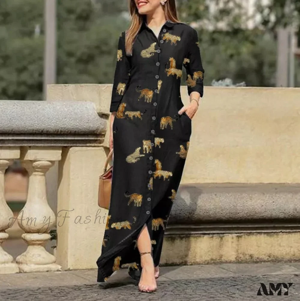 Amy Fashion - New Shirt Collar Button Long Denim Skirt Dress - Image 31
