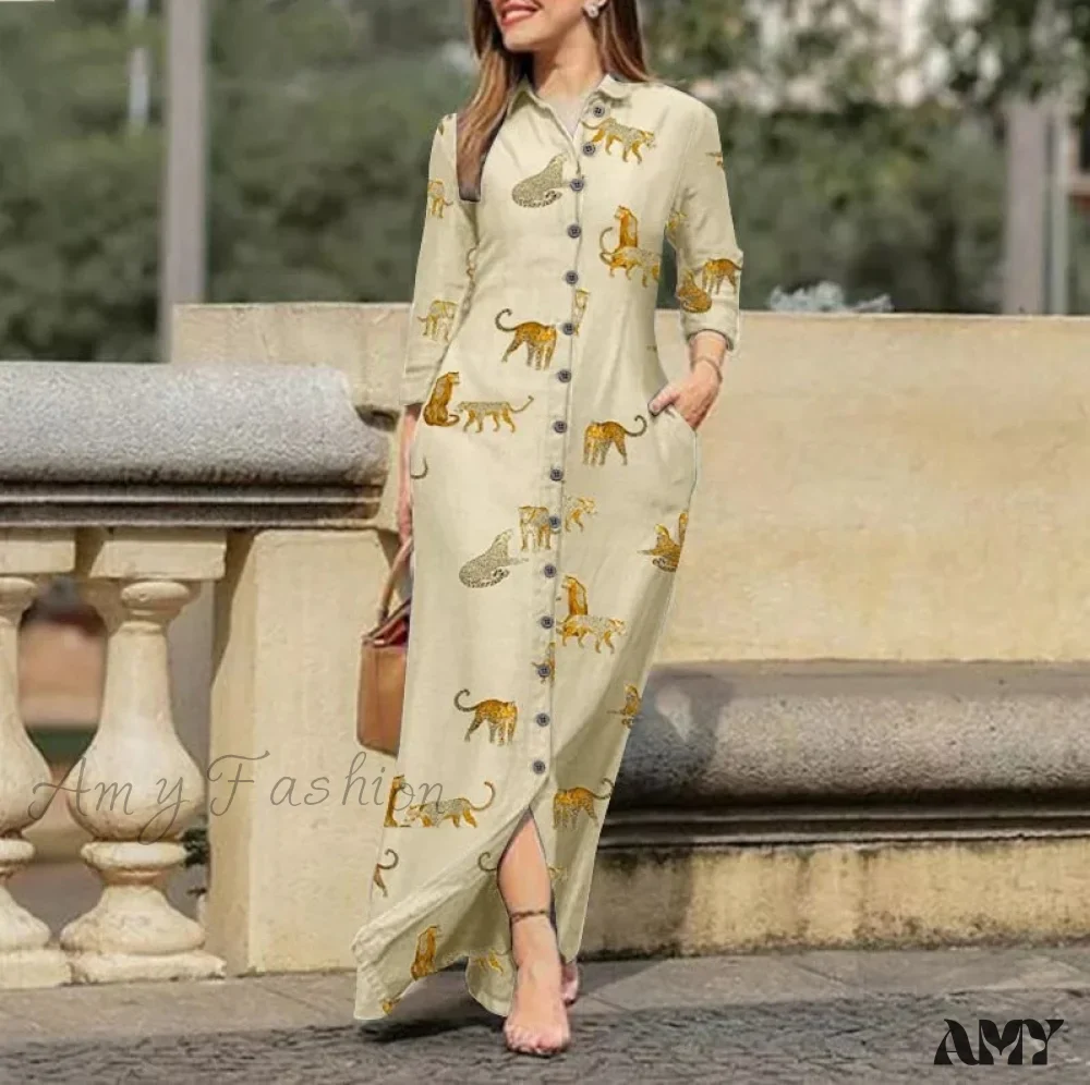 Amy Fashion - New Shirt Collar Button Long Denim Skirt Dress - Image 32