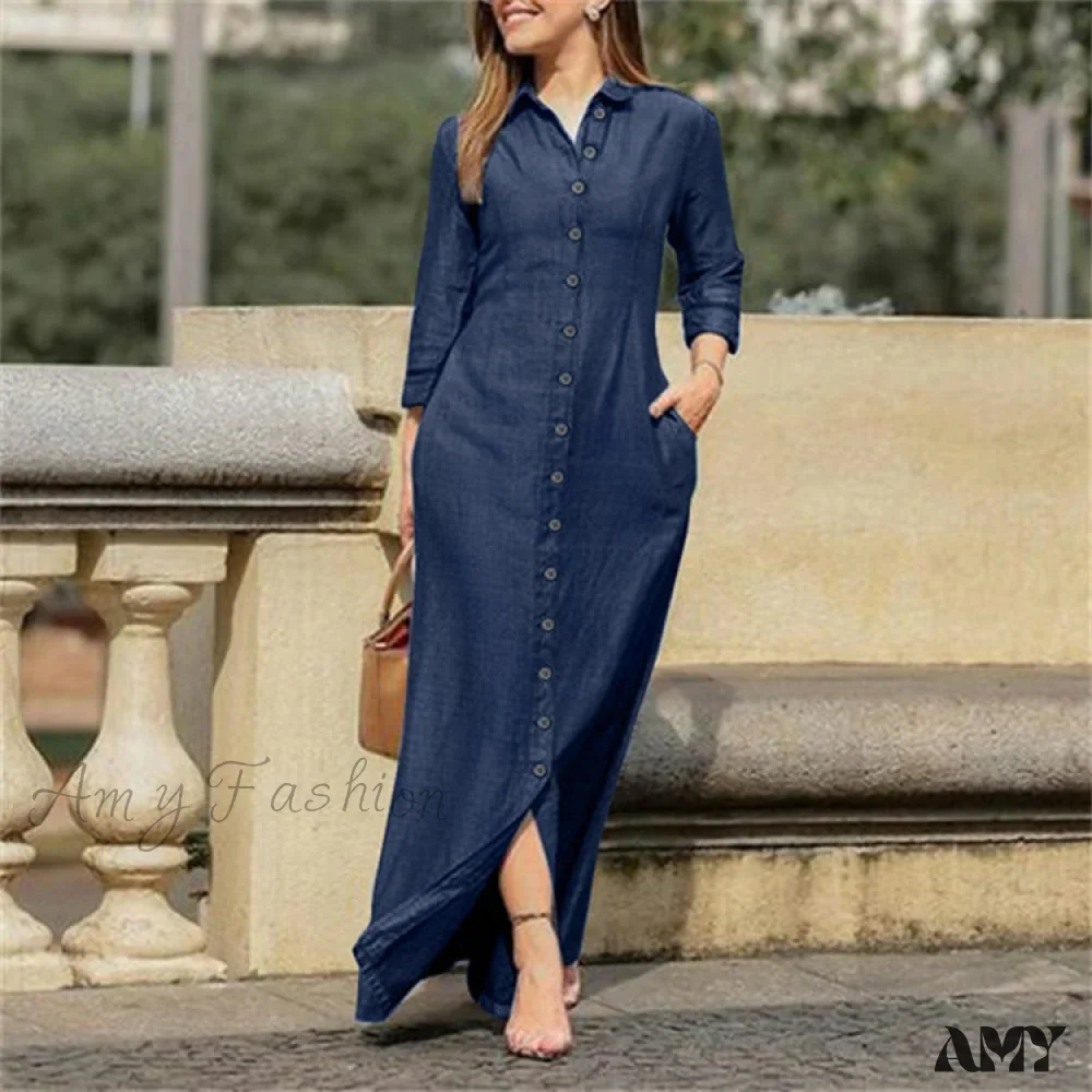 Amy Fashion - New Shirt Collar Button Long Denim Skirt Dress - Image 35
