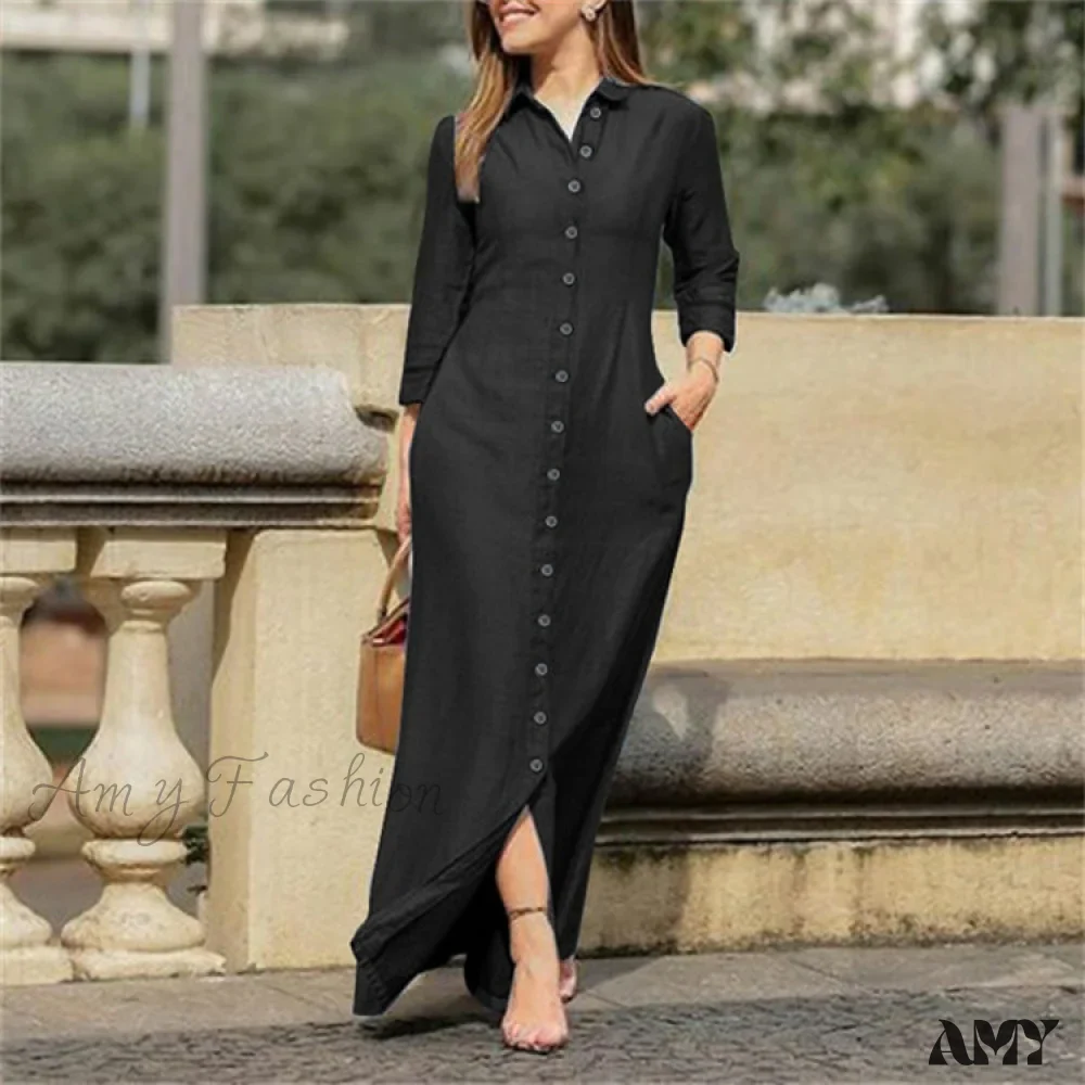 Amy Fashion - New Shirt Collar Button Long Denim Skirt Dress - Image 36