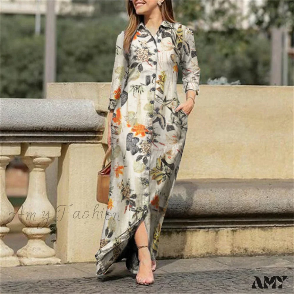 Amy Fashion - New Shirt Collar Button Long Denim Skirt Dress - Image 38