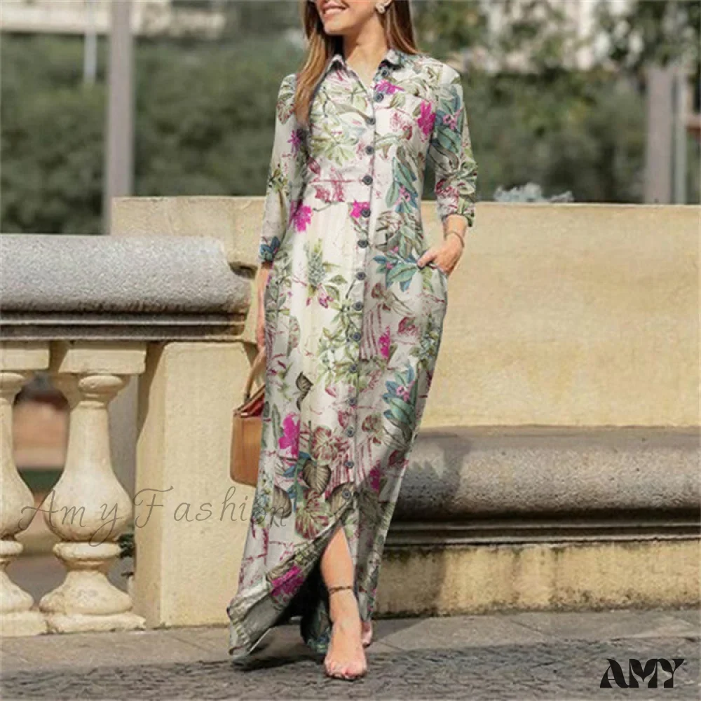 Amy Fashion - New Shirt Collar Button Long Denim Skirt Dress - Image 39