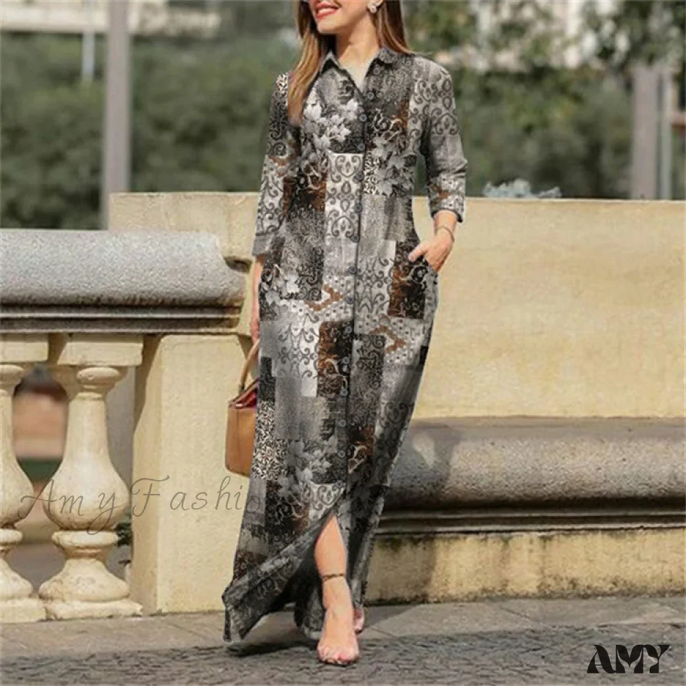 Amy Fashion - New Shirt Collar Button Long Denim Skirt Dress - Image 40