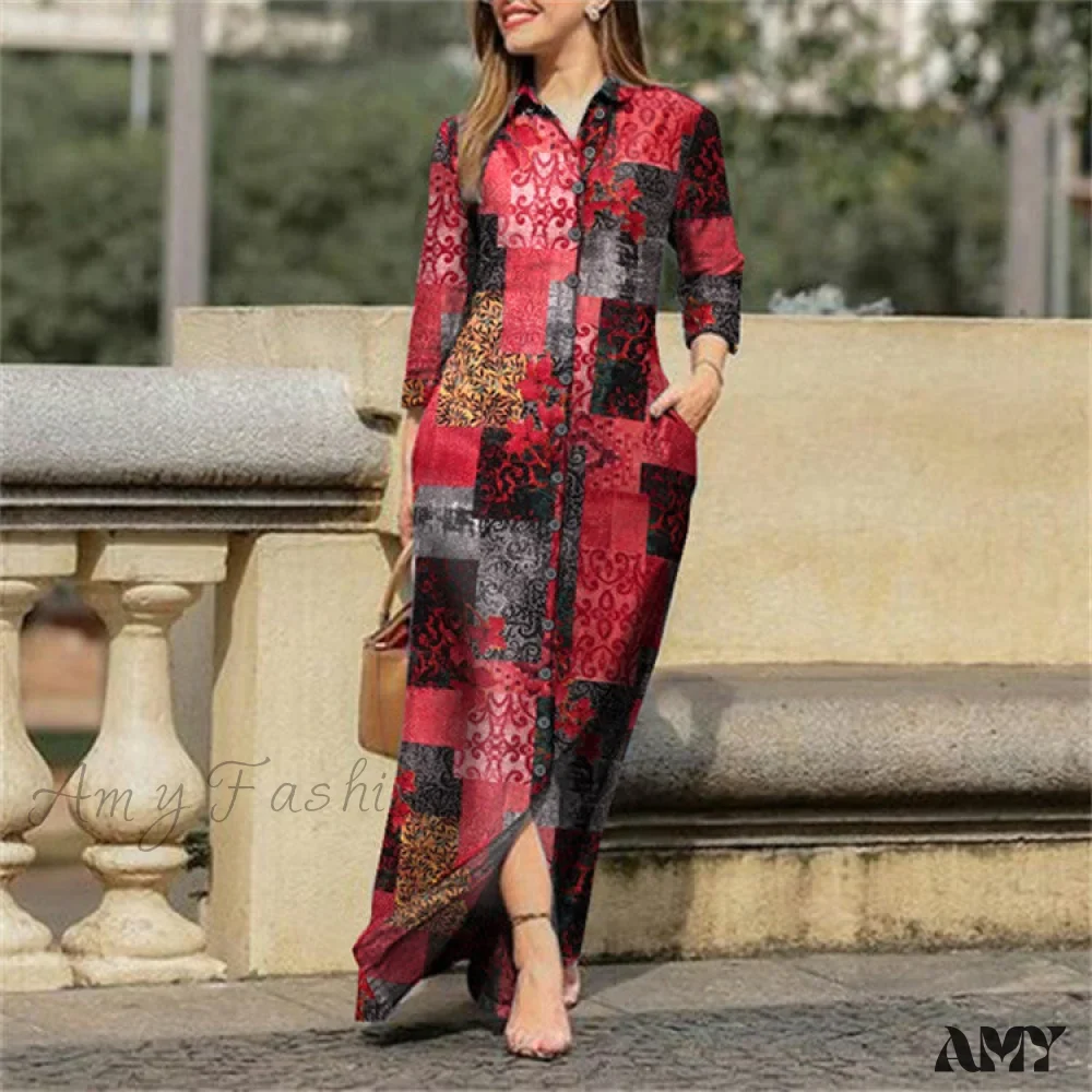Amy Fashion - New Shirt Collar Button Long Denim Skirt Dress - Image 42