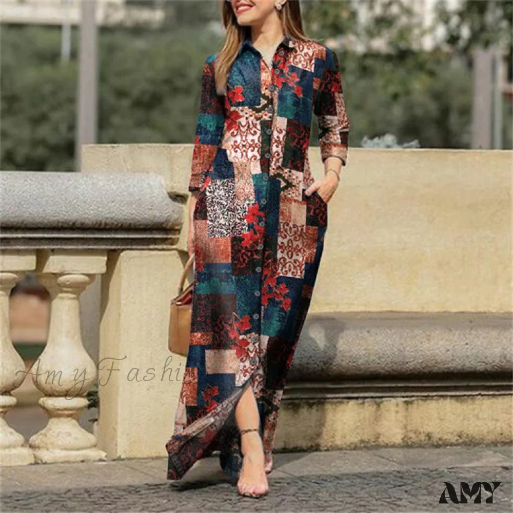 Amy Fashion - New Shirt Collar Button Long Denim Skirt Dress - Image 43