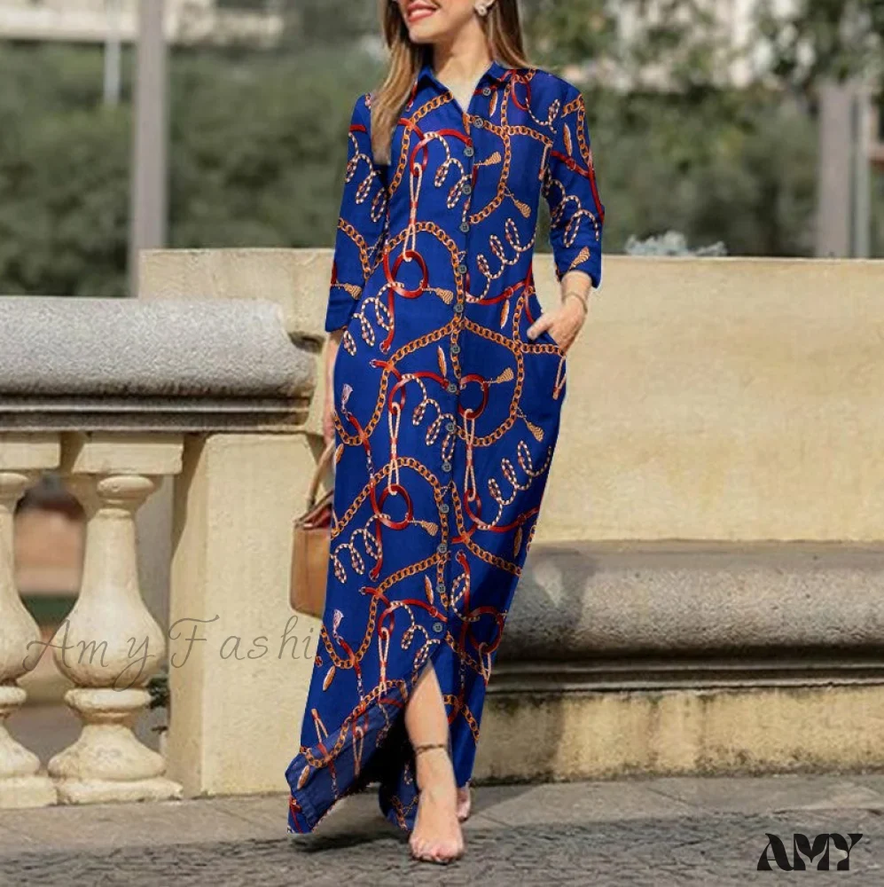 Amy Fashion - New Shirt Collar Button Long Denim Skirt Dress - Image 45