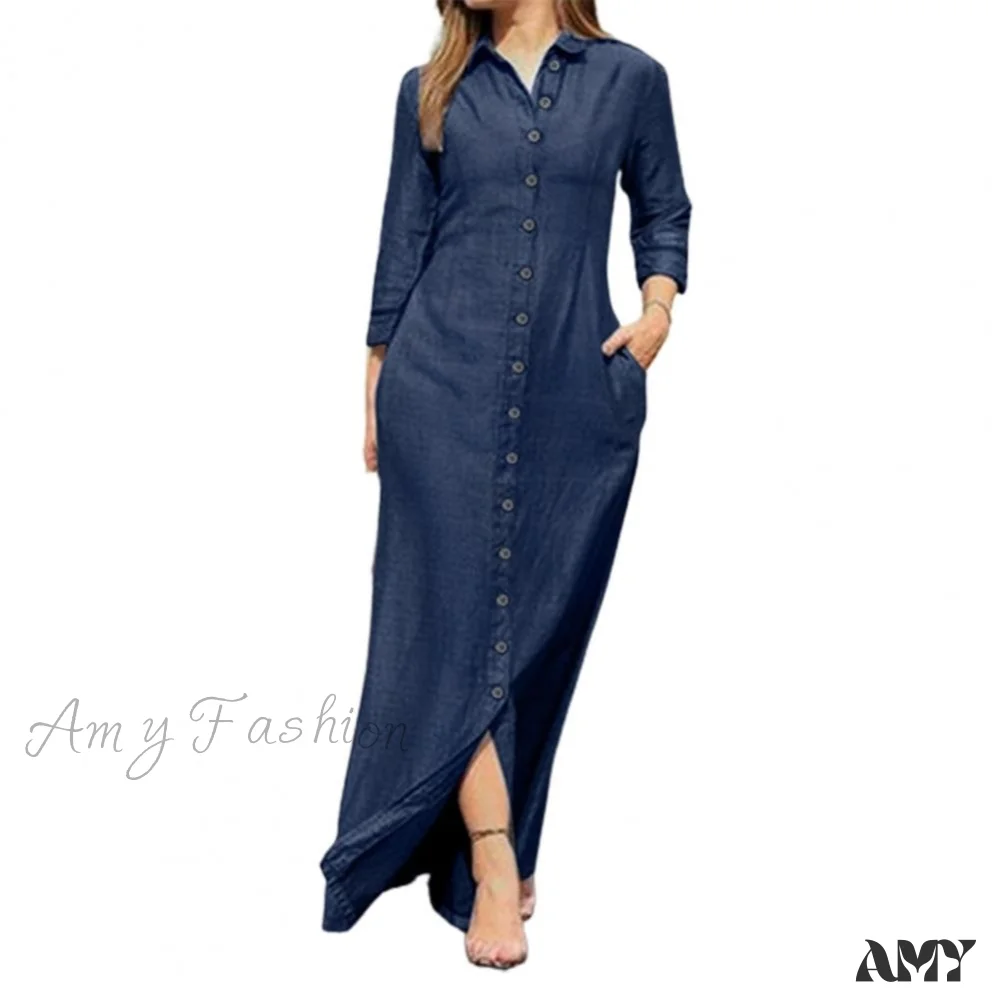 Amy Fashion - New Shirt Collar Button Long Denim Skirt Dress - Image 46
