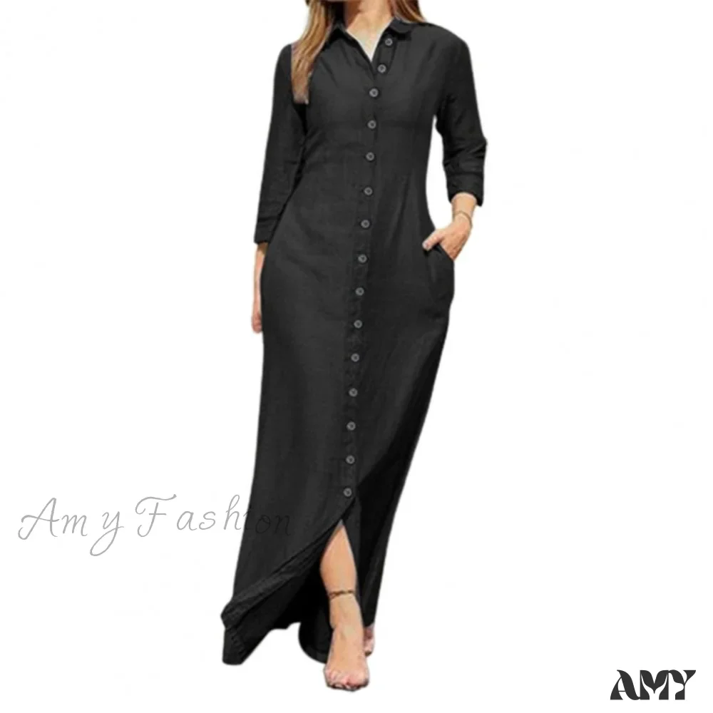 Amy Fashion - New Shirt Collar Button Long Denim Skirt Dress - Image 47