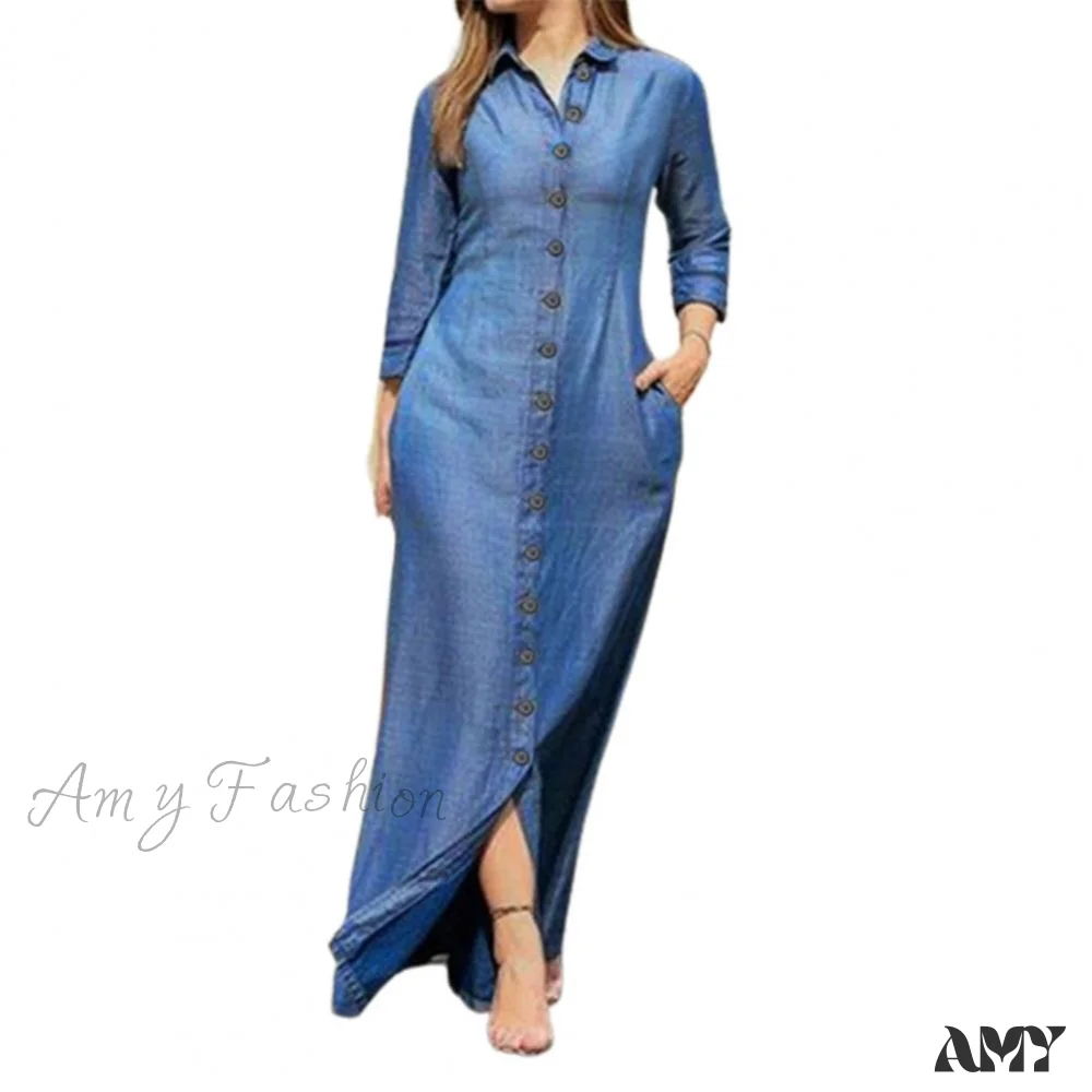 Amy Fashion - New Shirt Collar Button Long Denim Skirt Dress - Image 48