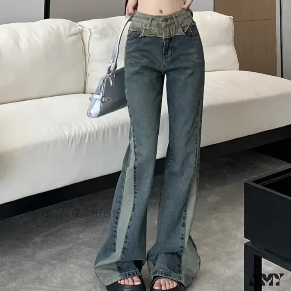 Amy Fashion - New Splice Slim Raglan Spice Girls High Waist Design Sense Small Public Show Thin Flare Jean - Image 3