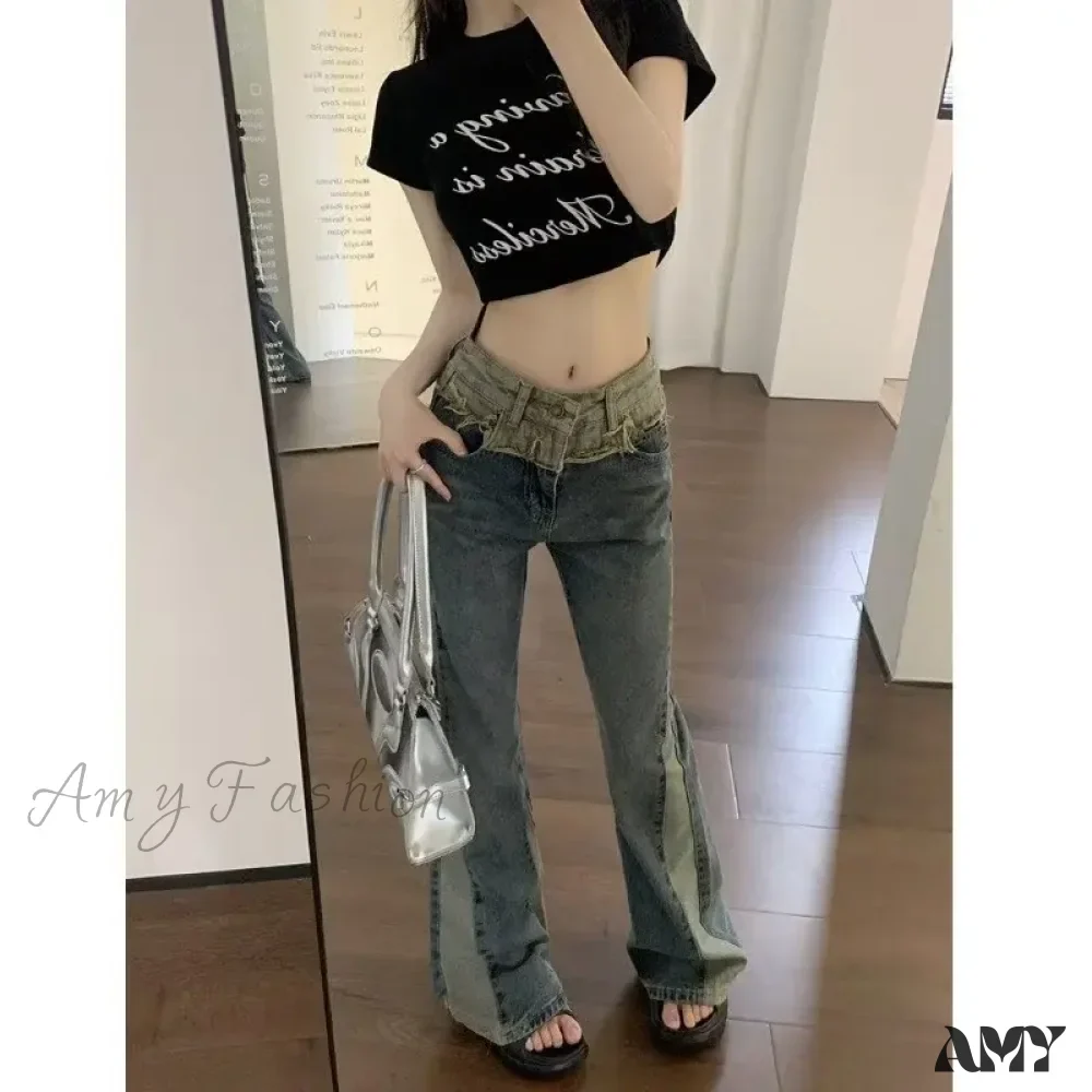 Amy Fashion - New Splice Slim Raglan Spice Girls High Waist Design Sense Small Public Show Thin Flare Jean - Image 4