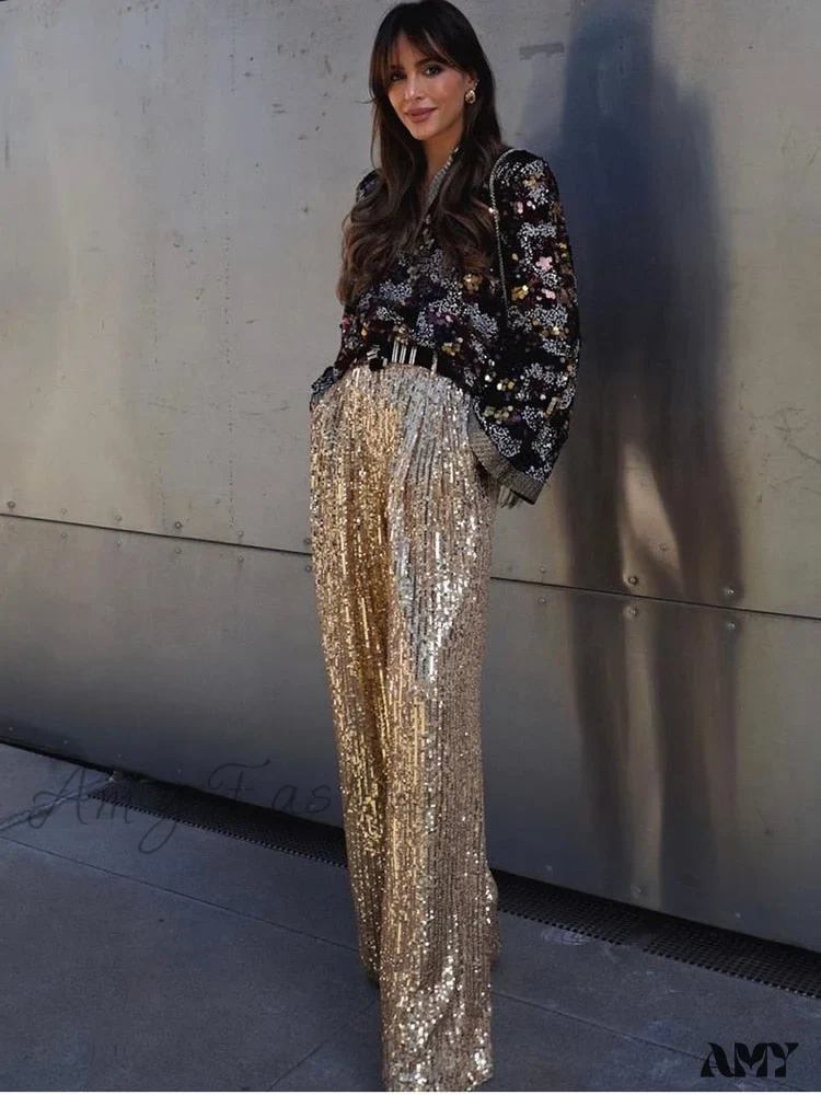 Amy Fashion - Wide Leg Pants High Waist Sequins Long Pants - Image 5