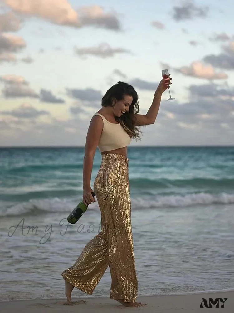 Amy Fashion - Wide Leg Pants High Waist Sequins Long Pants - Image 9