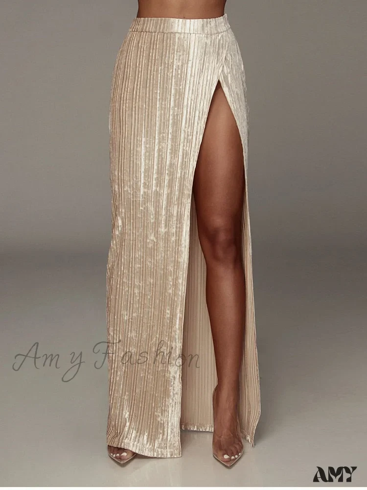 Velour Side Split Solid Color A Line High Waist Skirt - Image 14