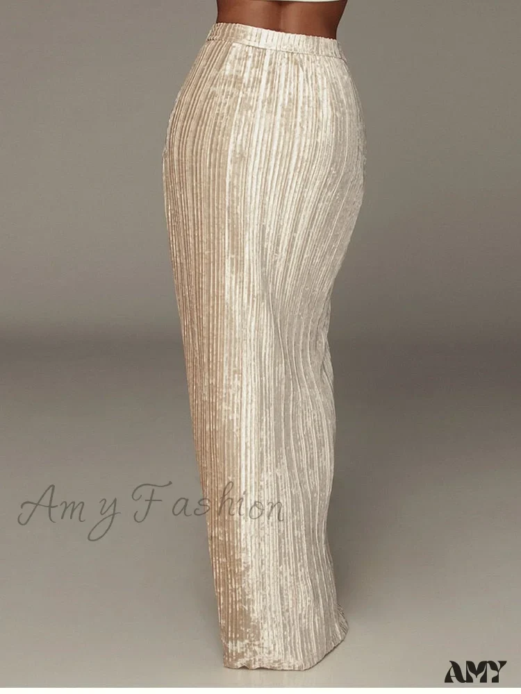 Velour Side Split Solid Color A Line High Waist Skirt - Image 16