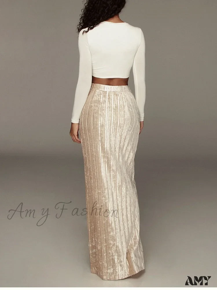 Velour Side Split Solid Color A Line High Waist Skirt - Image 18