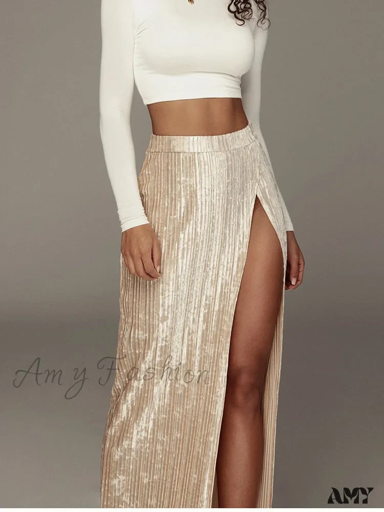 Velour Side Split Solid Color A Line High Waist Skirt - Image 19