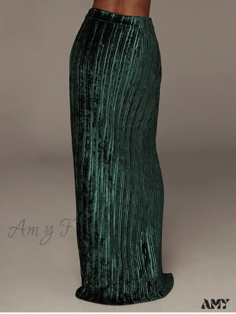 Velour Side Split Solid Color A Line High Waist Skirt - Image 22